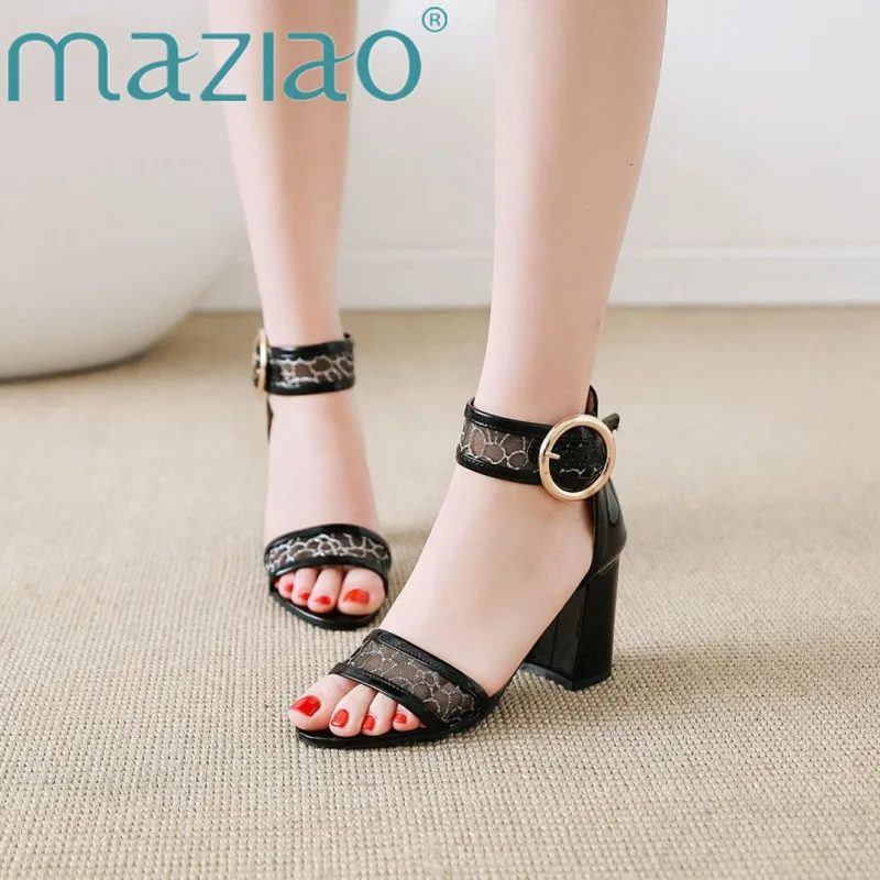 

MAZIAO New High Heels Women Sandals Sexy Square Heels Ankle Strap Shoes Buckle Cutout Party Sandals Summer Gold Large Size 33-46