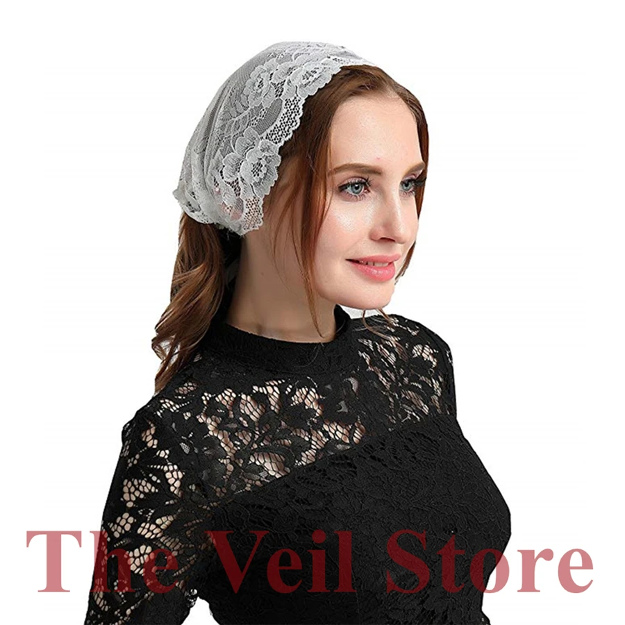 

White Soft Stretch Lace Mantilla Chapel Veils for Church Tie style Headwrap Covering Headband Latin Mass Velo Mantilla de Novia