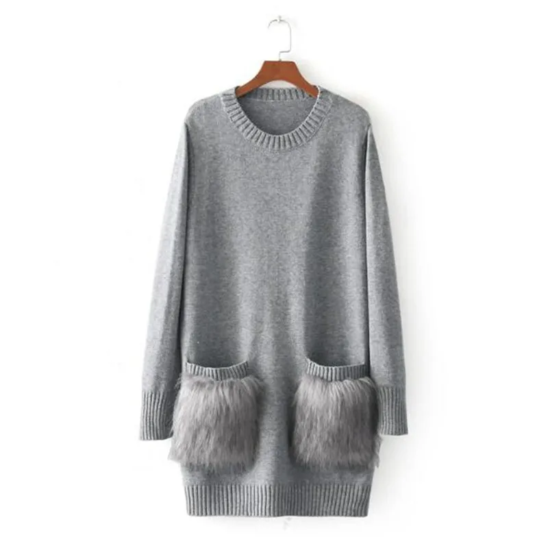 Vintage Spliced Faux fur Pockets Turtleneck Knitted Sweater Women High neck Knitwear Pullovers