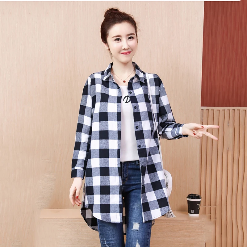 

Plaid Shirt Women's Long Sleeve Spring 2019 New Korean Large Size Bottoming blouse Cotton Casual Tops A230