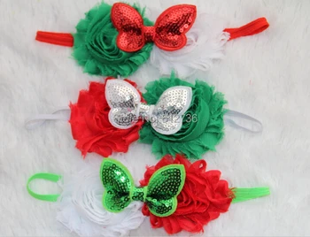 

24pcs/lot Christmas Red Green White Shabby Chic Flowers Headband With Sequin Bow FOE Elastic Headband Free Shipping