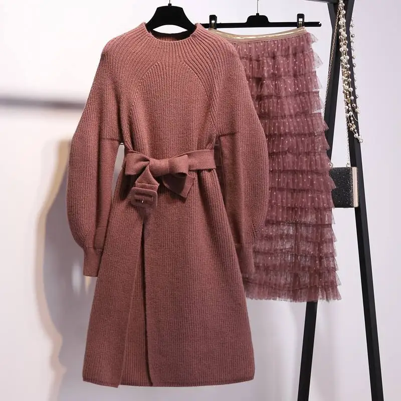 Весна-Осень, Женский вязаный свитер с рукавом-фонариком, топы+ сетчатая плиссированная многослойная юбка, комплекты, женские одноцветные костюмы с поясом V615