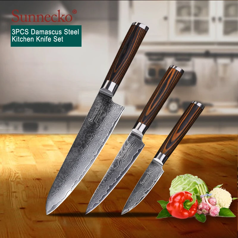 

Sunnecko 3PCS Kitchen Knives Set Utility Paring Chef Knife Damascus VG10 Steel Sharp Blade 60HRC Color Wood Handle Cutting Tools