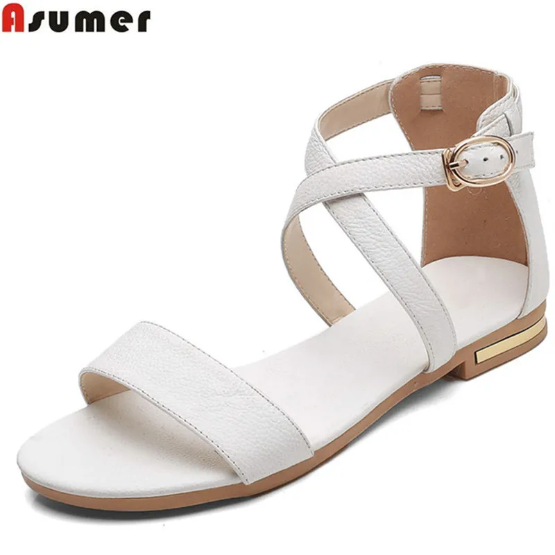 

ASUMER 2020 plus size 32-46 casual shoes woman buckle flat with sandals women genuine leather shoes black white comfortable