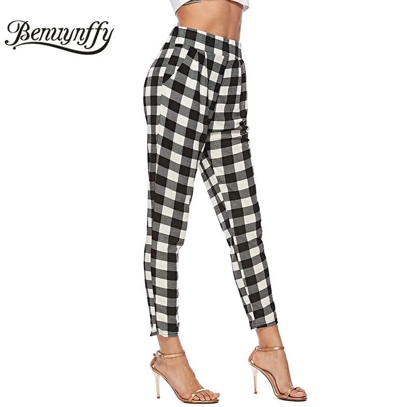

Benuynffy Women's Spring Summer High Elastic Waist Trousers Streetwear Women Casual Black and White Plaid Fashion Harem Pants