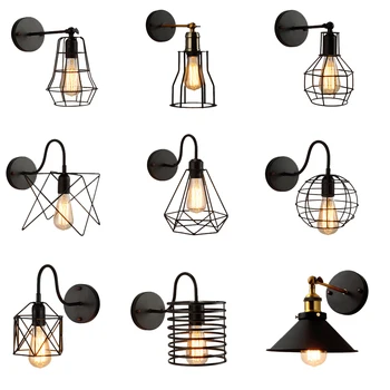 Loft American Iron black lampshade wall lamp vintage cage guard sconce loft lighting fixture modern indoor lighting wall lamps wall lamps vintage led creative cage e27 sconce wall lights for living room bedroom bar 2 pcs vintage black loft iron wall lamp
