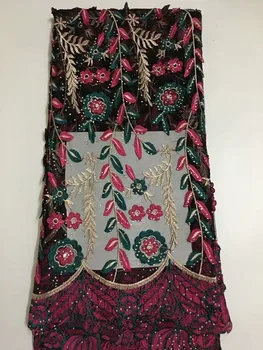 

2018 High Quality African Lace Fabric red purple French Net Embroidery Sequins Tulle Lace Fabric For Fashion Woman Wedding A122