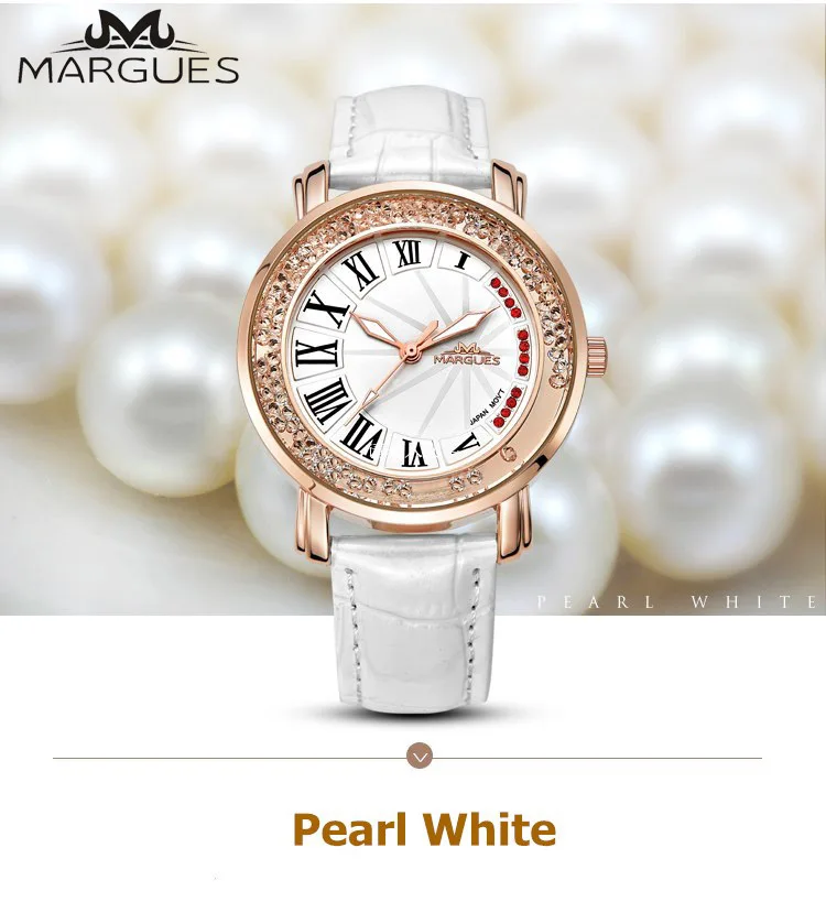 

MARGUES brand Quartz watch for women luxury quicksand diamond fashion watches Glitter Slub pattern leather strap 019