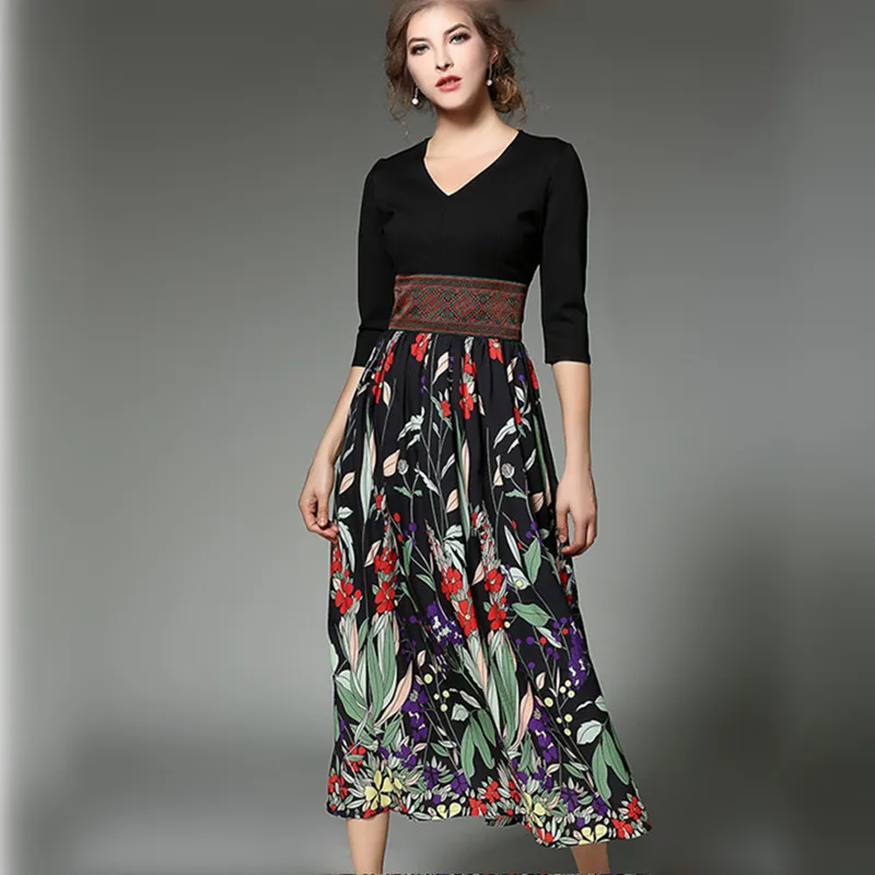 Summer Spring Chiffon Floral Print V neck Women Party Dresses Elegant A ...