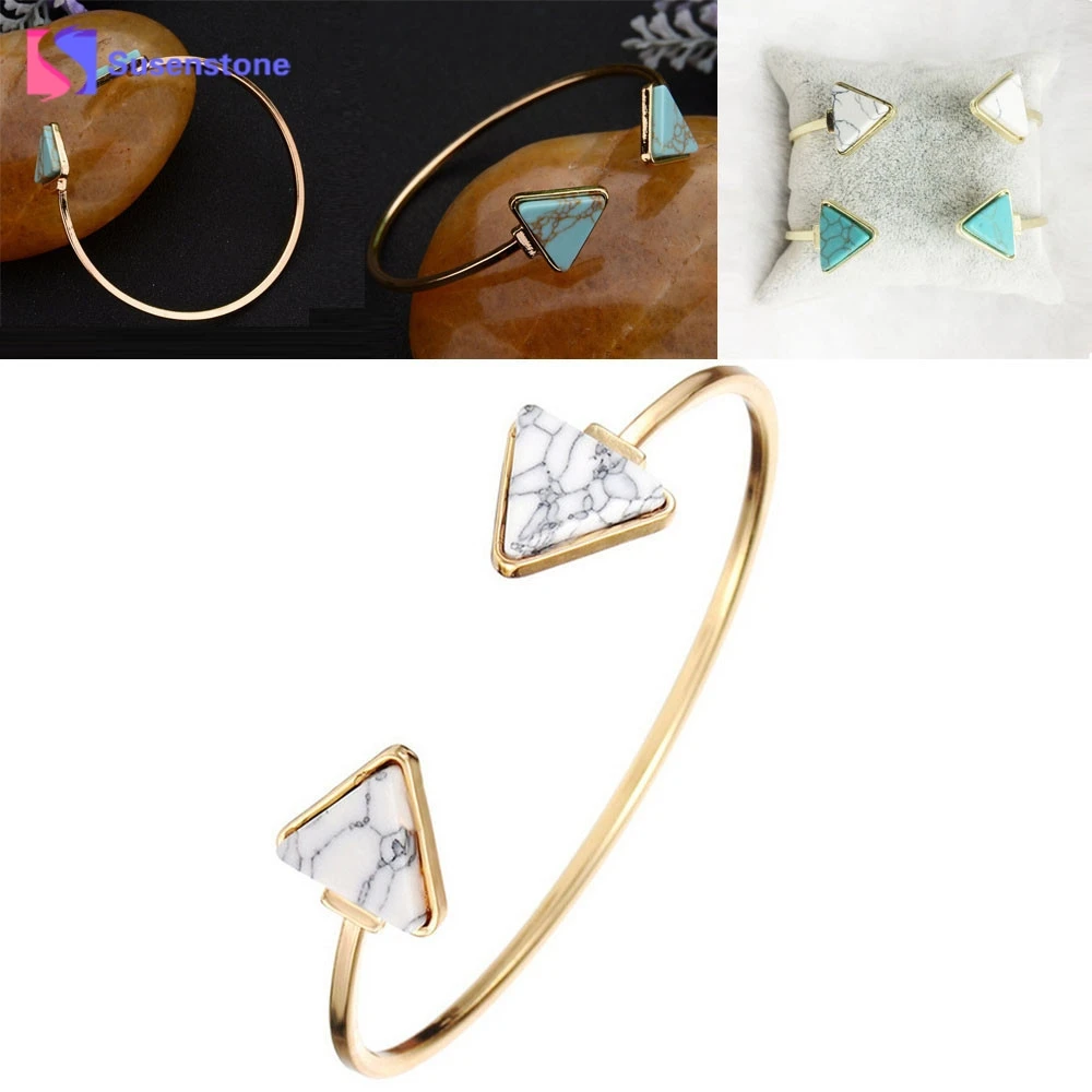 

susenstone New Adjustable Cuff Open Bangles for Women Bangles Stylish Triangle Marble Stone Cuff Bracelets Gift