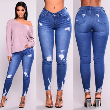 

2018 ripped fashion Jeans Women Classic High Waist Skinny Pencil Blue Denim Pants solid Zipper washed Jeans women plus size 3XL