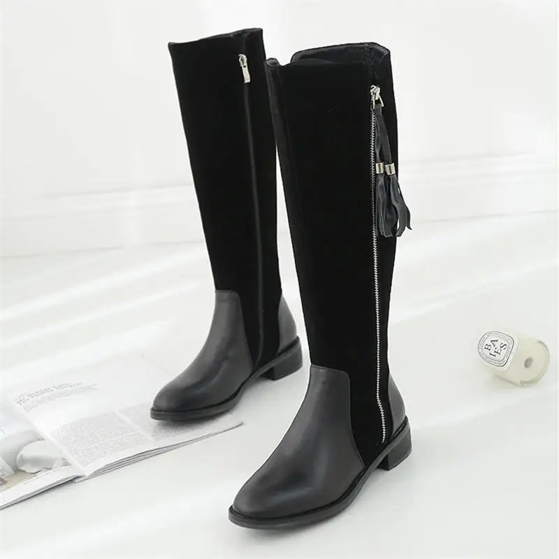 HZXINLIVE 2018 New Woman Boots Genuine Leather Knee High Boots Pointed Toe Womens Winter Boots Square heel Leather Shoes Women Women's Shoes