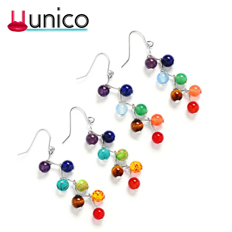 

Hots Natural stone 7 Chakra 6mm Tiger Eyes Stone Earrings YogaTiger stone green Gold Curved Needle Earrings For Women