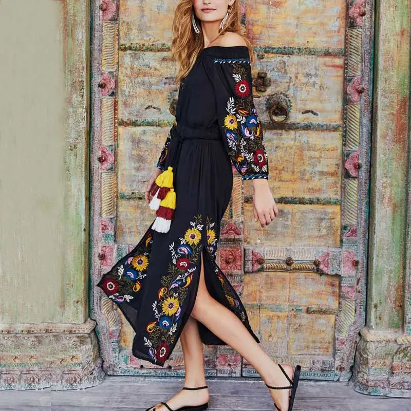 

2018 Spring Off Shoulder Ukraine Women's Dress Embroidery Ethnic Tassel Trim Slit Vintage Long Chic Dresses Bohemian Vestidos