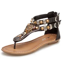Для женщин сандалии-гладиаторы в римском и индийском этническом Стиль кожаные босоножки на плоской подошве Римские сандалии Для женщин, пикантные сандалии-Для женщин на плоской подошве Shoes2612