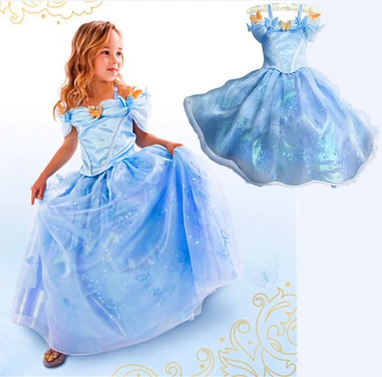 2016 New Cinderella Kids Dress Retail Blue Princess Girl Dress With