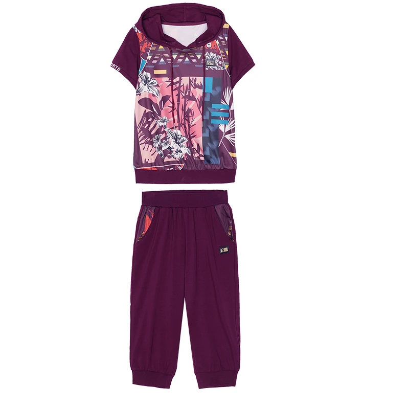

Summer Women Suit Set Tracksuit Fashion Bamboo Printing Short Sleeve Hoodie T Shirt and Capris 2 Piece Set Women