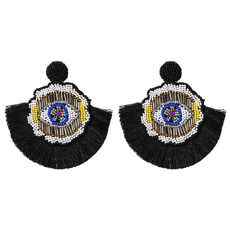 

manual Rice Bead Tassel Earrings For Women Vintage Black Geometric Eye Pendant Dangle Statement Earrings Fringed Multicolor