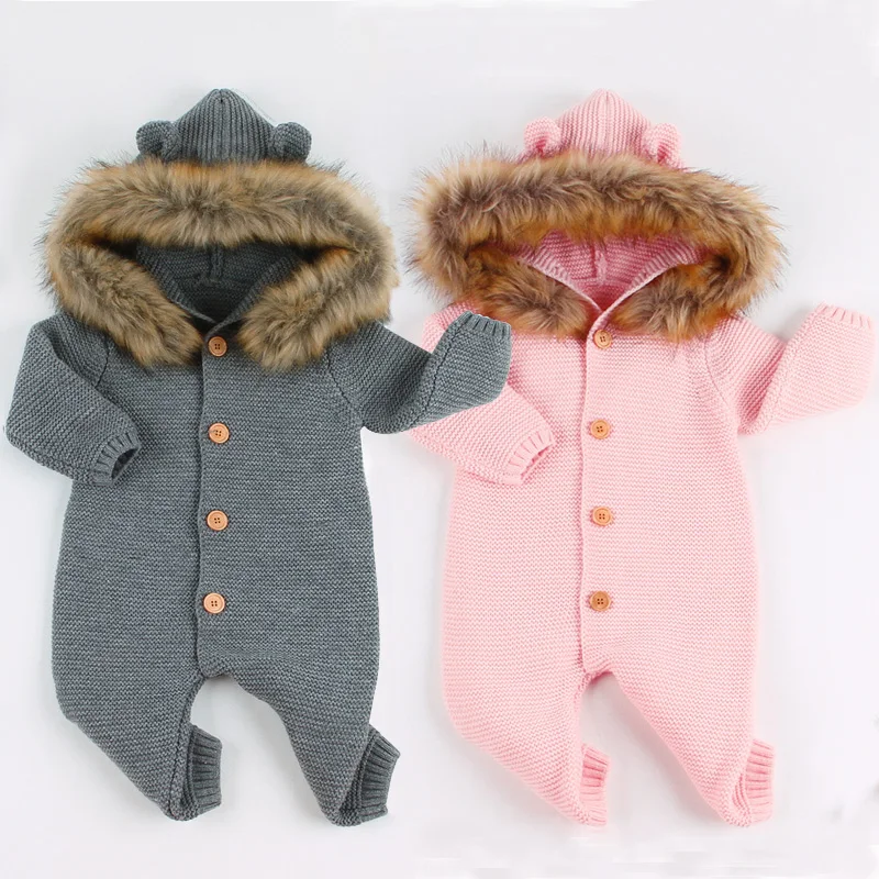 

2019 Winter Baby Boys Rompers Fur Collar Knitted Newborn Girls Jumpsuit Autumn Warm Unisex Kids Outerwear Infant Clothes