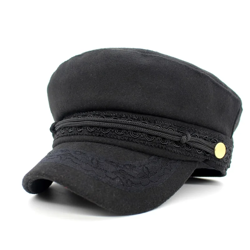 Ditpossible модные шапки с кружевами для девочек, шапки в стиле милитари, женские шапки из шерсти и хлопка, черные, серые, темно-синие - Цвет: black
