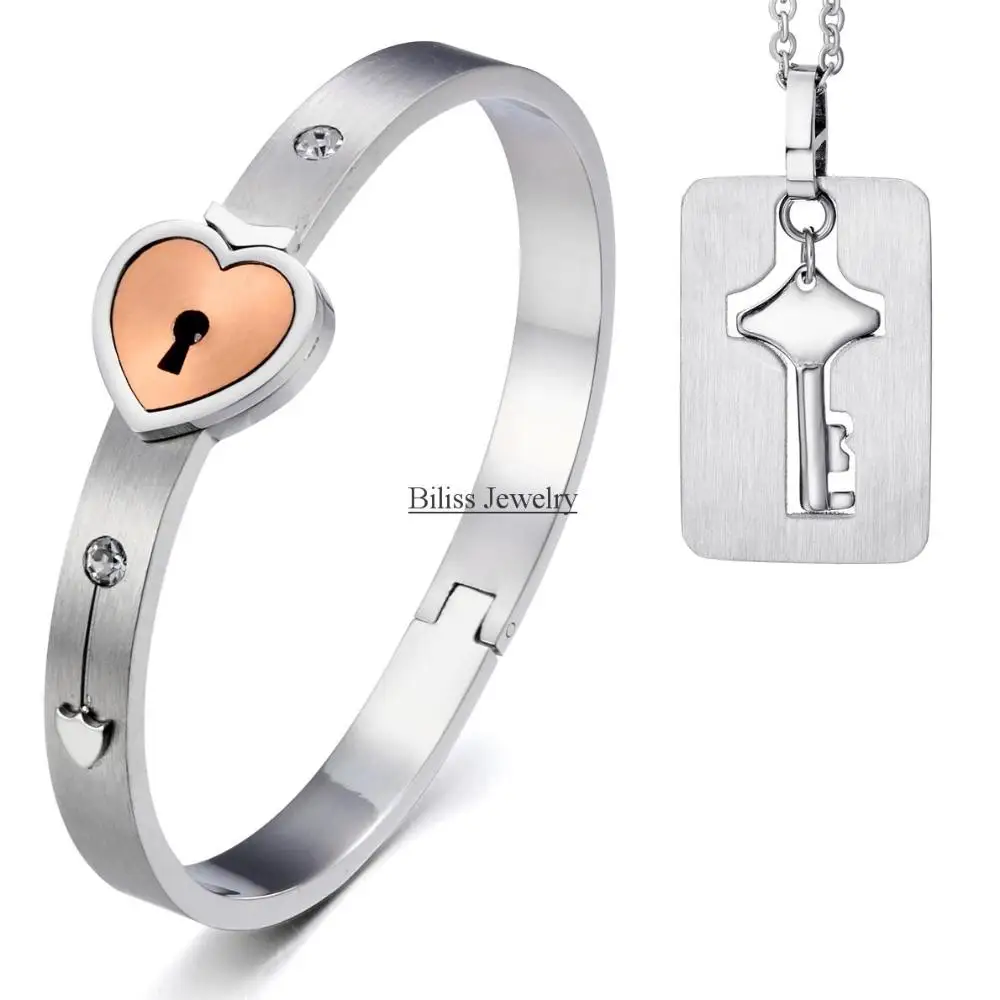 Boniskiss Necklace Bracelet Fashion Silver Heart Lock Boniskiss Necklace Bracelet Fashion Silver Heart Lock Stainless Steel Key Pendant Anium