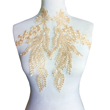 

2pair 19x37cm Embroidered Patch For Wedding Dress Gold Embroidery Applique Lace Patches For Bride Clothing Parches Sew On AC1112