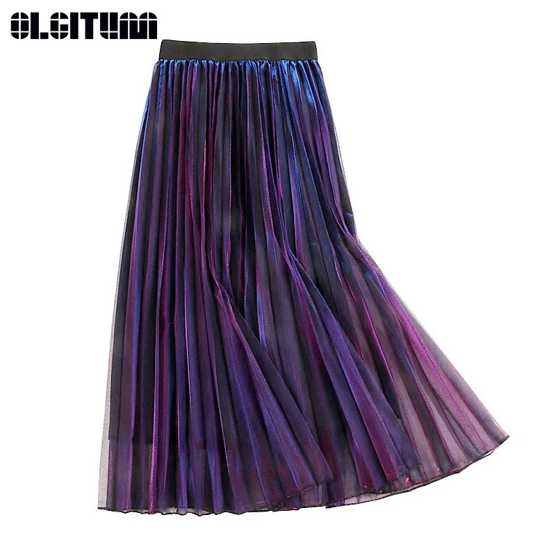

New 2019 Female Spring Summer Skirt Women High Waist Reflective Gradient Color Pleated Mesh Long Skirt SK342