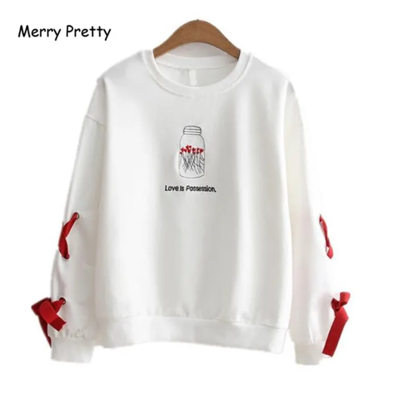 1014.19руб. 16% СКИДКА|Женский свитер на шнурках MERRY PRETTY, белая толстовка с капюшоном и вышивкой в стиле преппи на осень|white tracksuit|embroidery hoodie|style hoodie - AliExpress