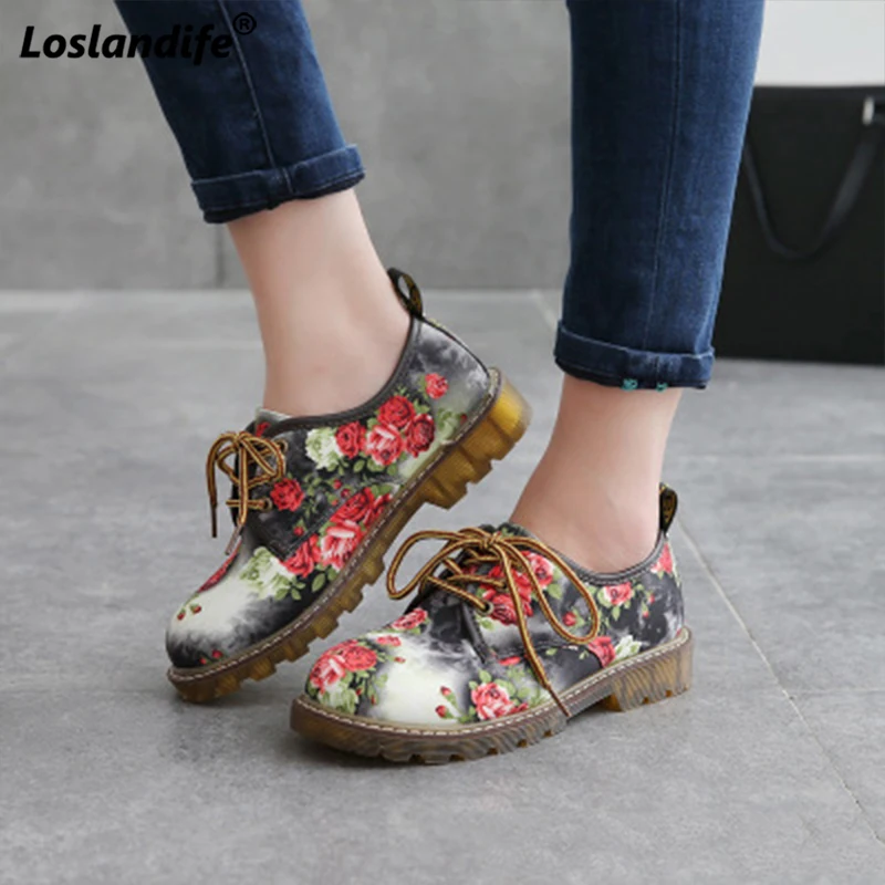 

2019 Women Boots British flat with single shoes round flat shoes fashion straps broken flowers female Ankle Martin snow booties