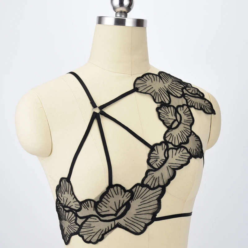 Black Gothic Body Lace Harness Sexy Body Harness Bondage Fetish Top Harness Bra Sheer Flowers Cage Bra Hollow Out Bralette