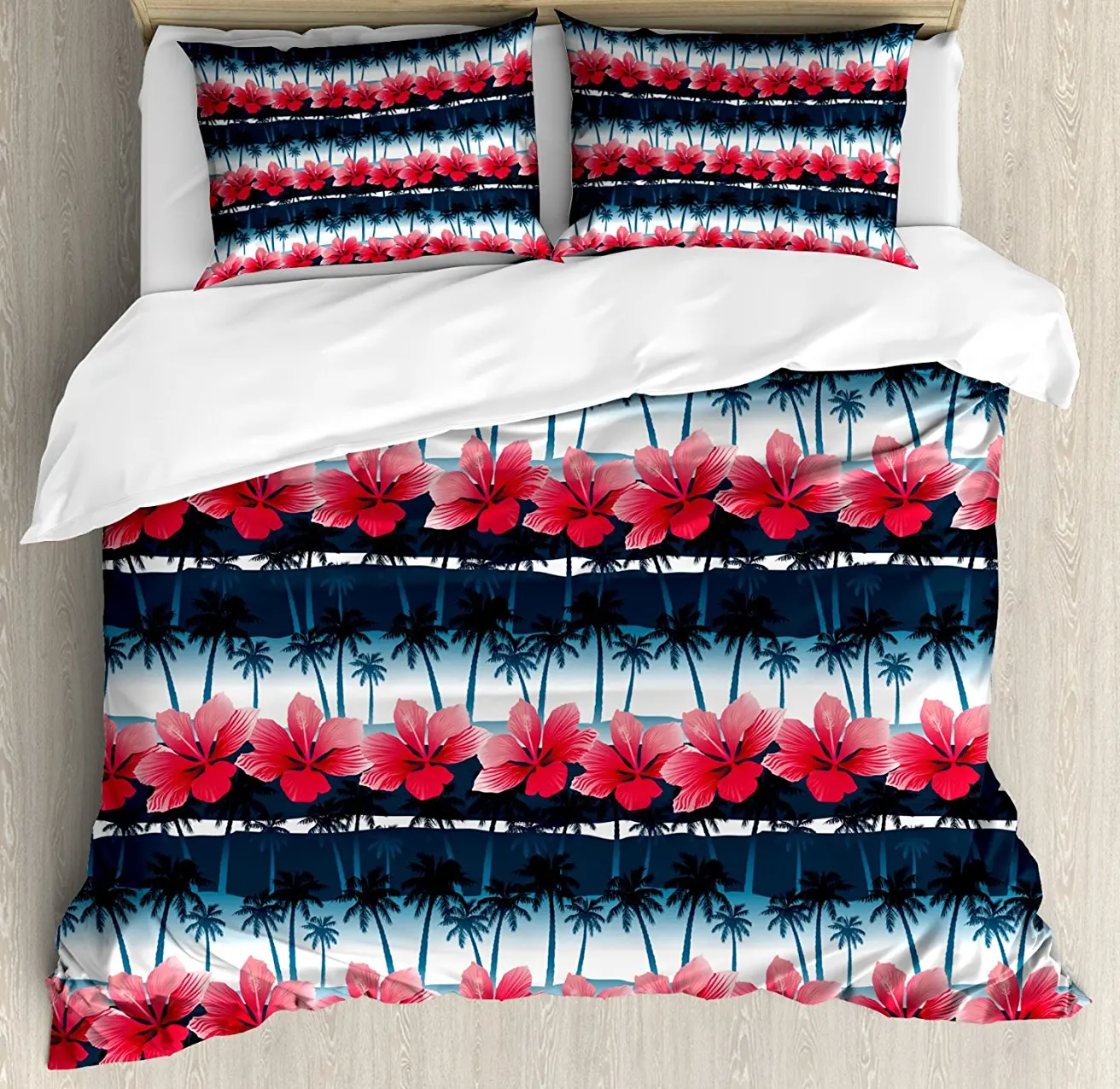 Navy And Blush Duvet Cover Set Tropical Hibiscus Flowers With