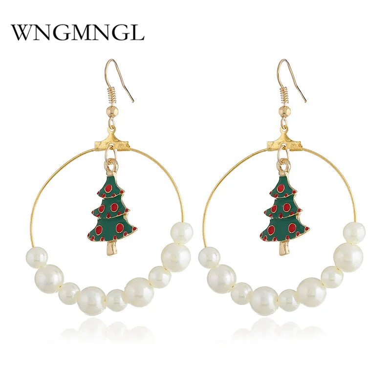 WNGMNGL Charm Statement Christmas Tree Imitation pearls Hollow Round long drop Earrings For Women 2018 Fashion Jewelry Gift | Украшения и