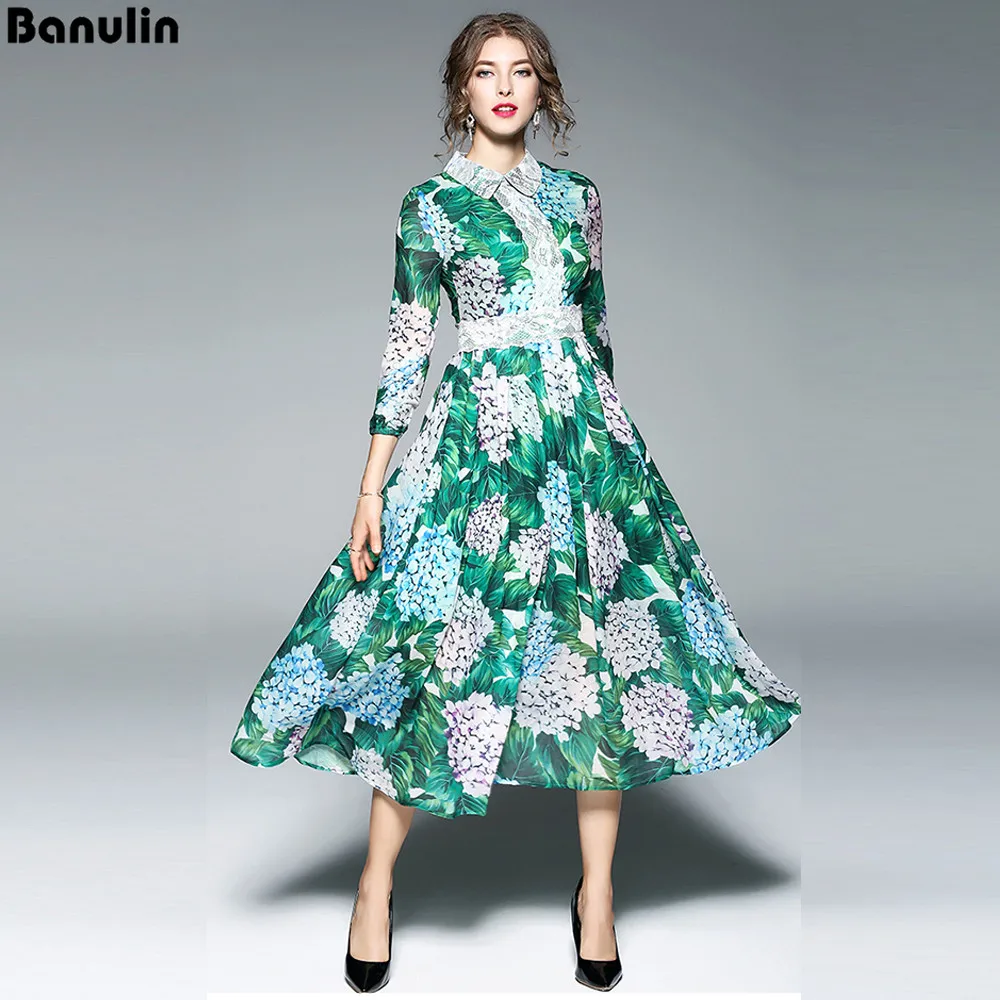 New 2018 Runway Hydrangea Floral Fall Dress Women Green Leaves Flower ...