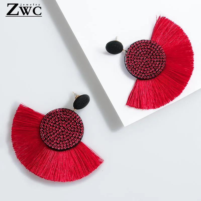 ZWC Fashion Exaggerated Bohemian Statement Color Crystal Round Long Tassel Earrings for Women Big Fringed Drop Jewelry | Украшения и