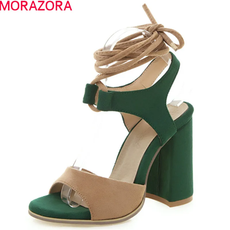 

MORAZORA 2019 hot sale women sandals flock open toe summer shoes mixed color cross tied high heels dress party prom shoes woman
