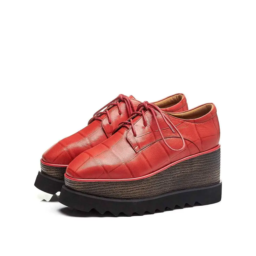 Krazing Pot/уличная натуральная кожа женская обувь с квадратным носком; Туфли на танкетке на шнуровке деревянный каблук подчеркивает красоту девушки повышенной водонепроницаемая обувь L16 - Цвет: Красный