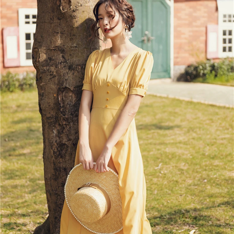 

2019 Summer Vintage Elegant Women French Style casual Dresses Female chic Button Front V-neck Retro Holiday Dress