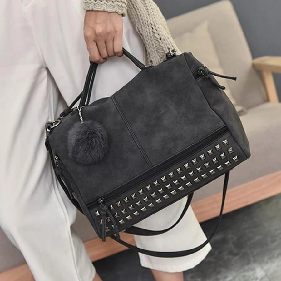 

Vintage Handbags Women Nubuck Leather Crossbody Bag Top-handle Bag Rivet Larger Women Bags Hair Ball Shoulder Messenger Bag 2017