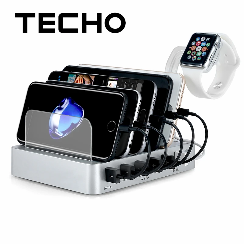 TECHO 6 Port USB Smart Charger With Apple Watch Charging