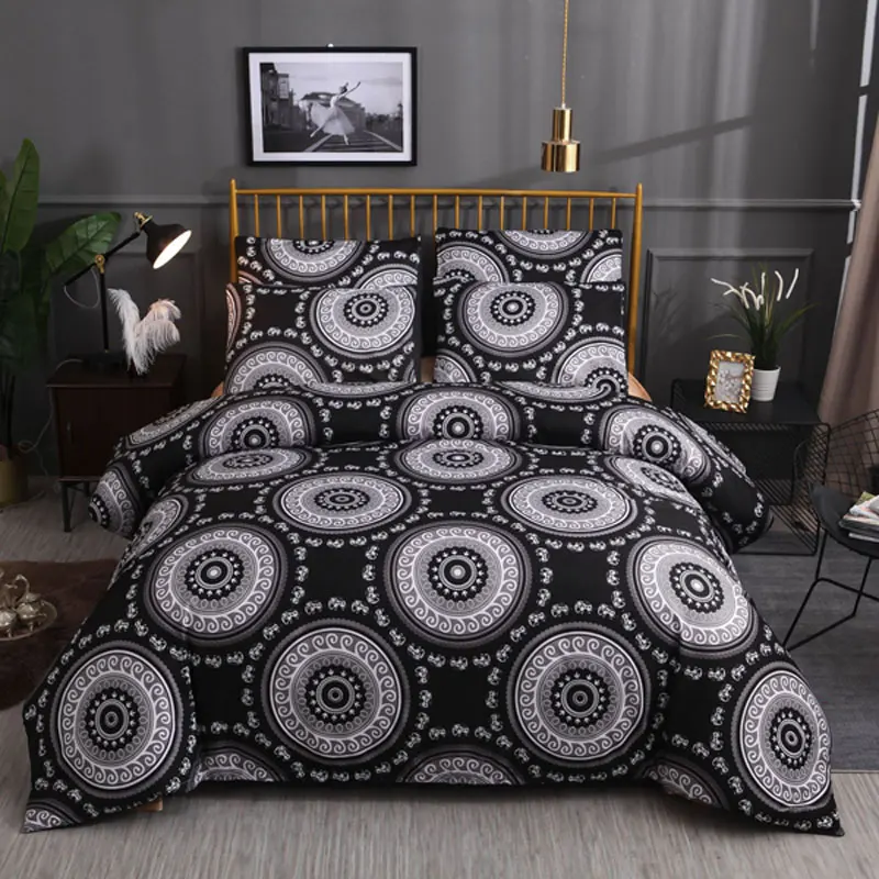 

3pcs/Set Bedding Sets Black Bohemia Mandala Printed Home Textile King Size Bedclothes Bedding Set Luxury Duvet Cover Pillowcases