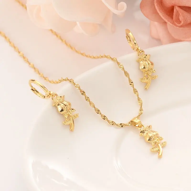 24 k Fine Gold GF rose flower европейские Женские Ювелирные наборы солидный подарок Дубаи