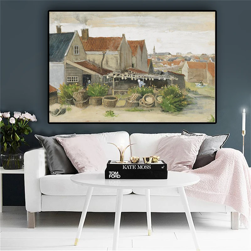 

Van Gogh Fish Drying Barn Landscape Oil Painting Reproductions on Canvas Nordic Posters and Prints Wall Picture for Living Room