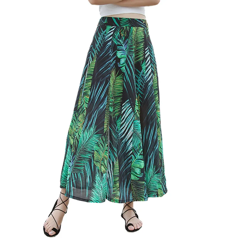 Мода 2017 летние женские Высокая талия длинная юбка Женская Повседневная Зеленый печатных подол четыре Разделение пляжное шифоновое макси ю...