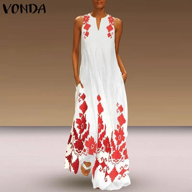 

VONDA Bohemian Women Holiday Dress 2019 Vintage Sleeveless Floral Print Party Long Maxi Dress Summer Vestido Sundress Plus Size