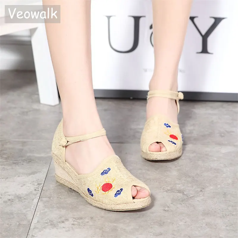 

Veowalk Retro Summer Style Women's Linen Wedges Sandals Ankle Strap Med Heel Embroidered Platform Pump Sandials Shoes for Ladies