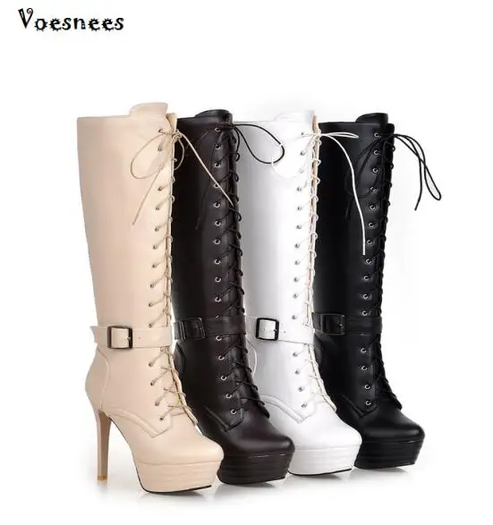

Motorcycle Boots Sexy Fetish Shoes Women Knee-High Buckle Boots Ultra High Heels 13CM Platform Long Boots Women Dance Shoes