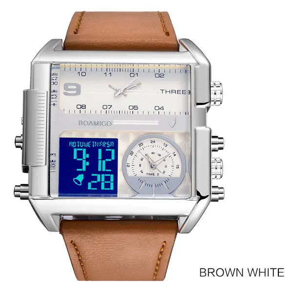 Мужские спортивные часы для мужчин, военные цифровые кварцевые часы BOAMIGO, брендовые модные квадратные кожаные Наручные часы, Relogio Masculino - Цвет: new brown white