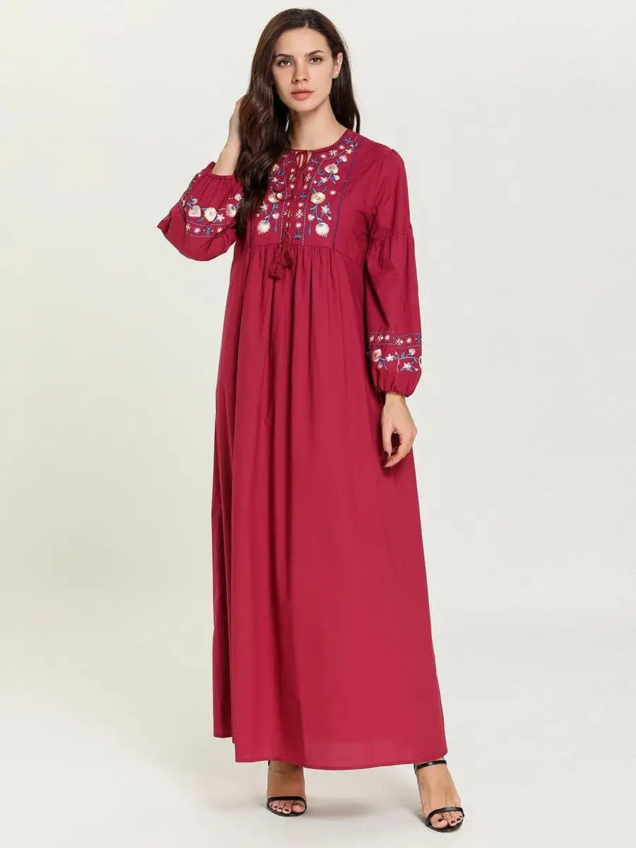 Этнические Вышивка abaya женские мусульманские платья Длинные Макси Вечерние