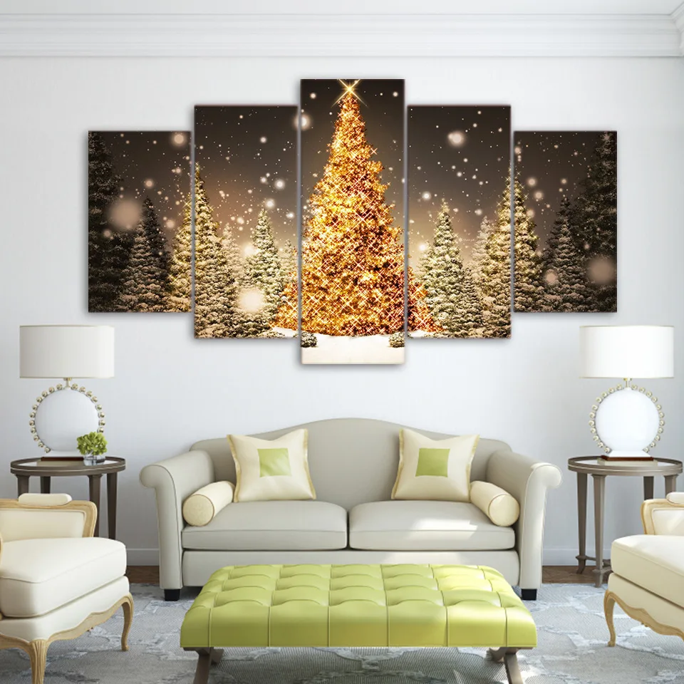 5 piece canvas art HD print golden christmas trees painting christmas