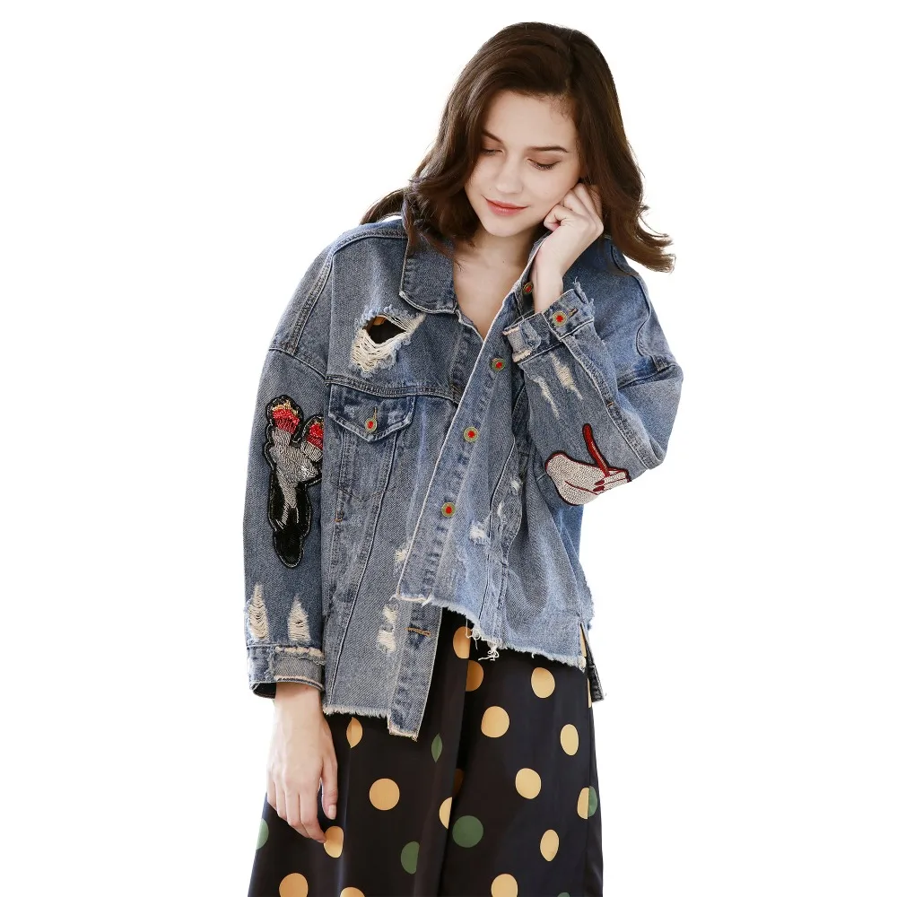 

DTYNZ boutique women's embroidery denim jacket 2019 spring new long-sleeved shirt sequins hole denim clothing